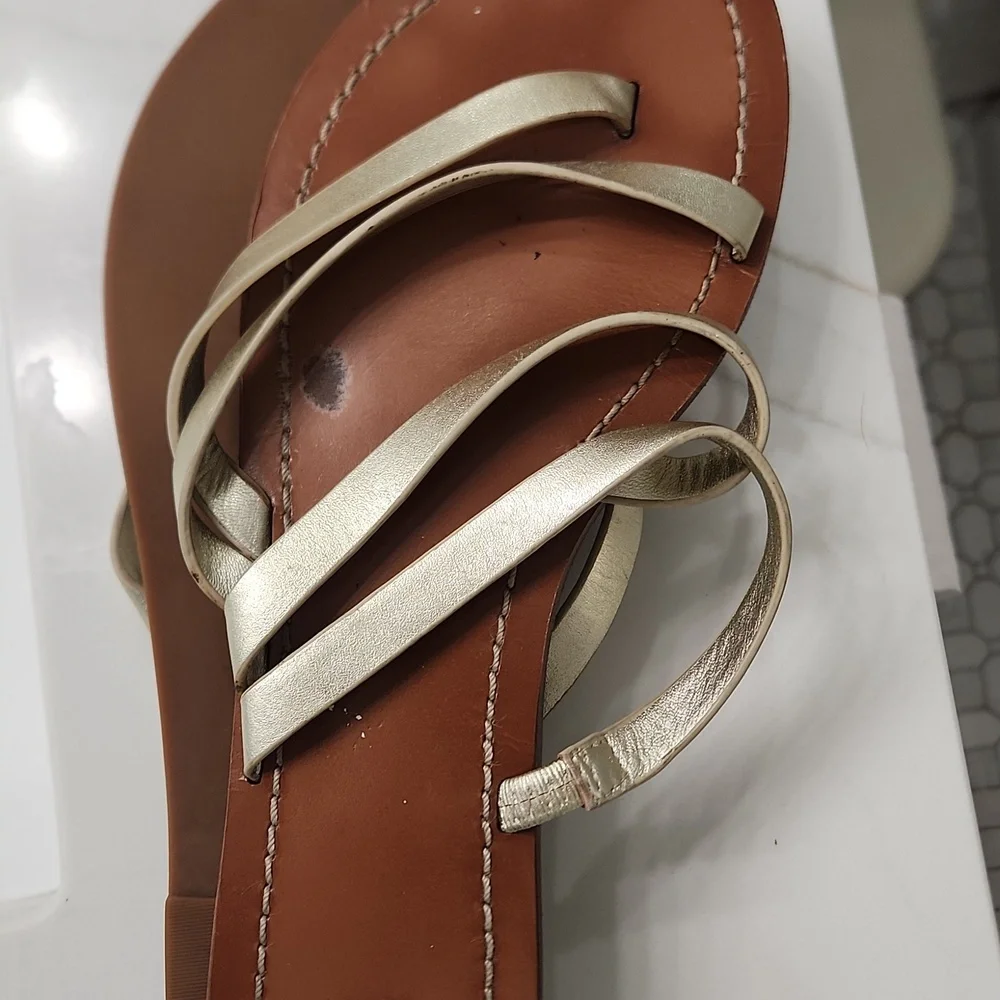 Tory Burch Gold Strappy Leather Sandals with Brown Footbed - Picture 7 of 11